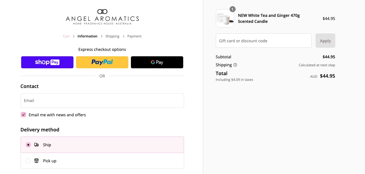 Angel Aromatics email permissions checkbox