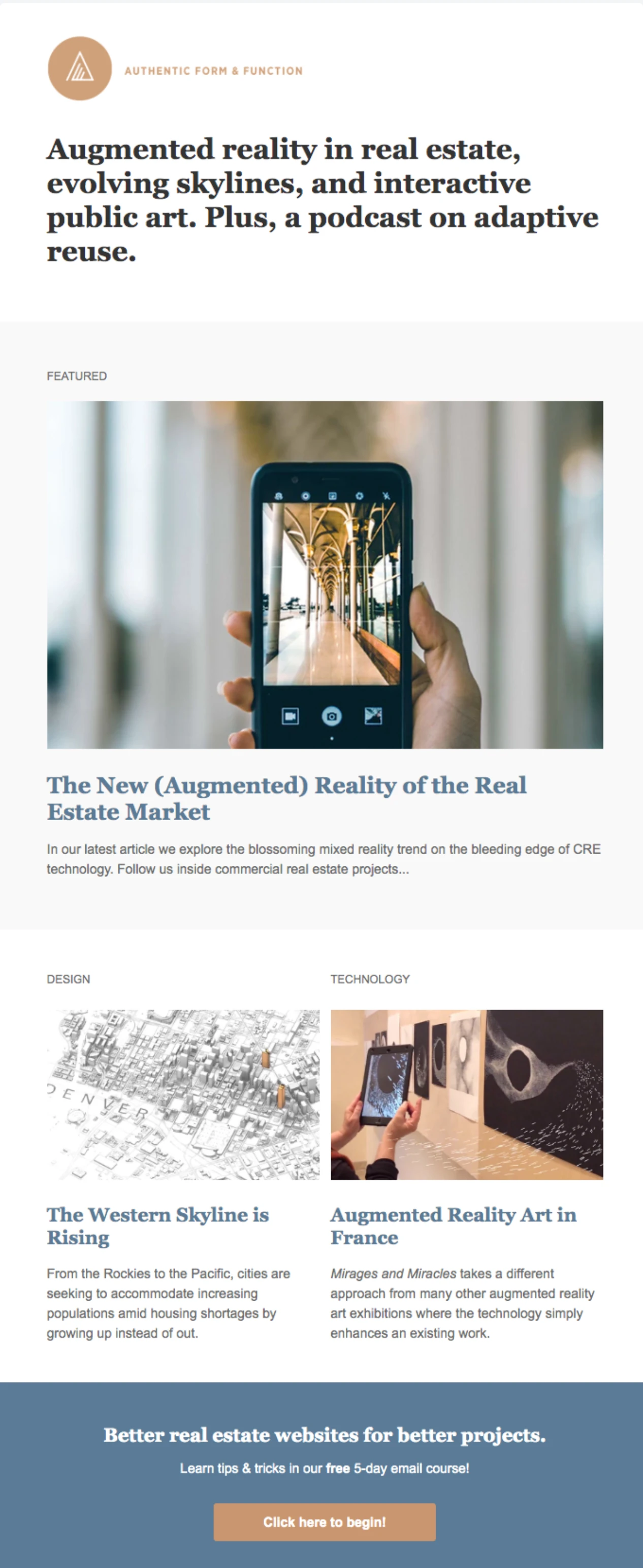 Ejemplo de newsletter inmobiliario de Authentic Form & Function