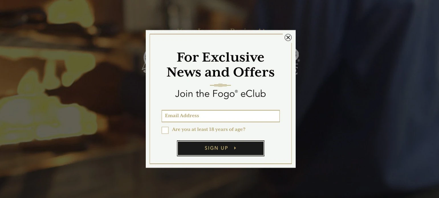 Ejemplo de ventana pop-up de Fogo de Chao