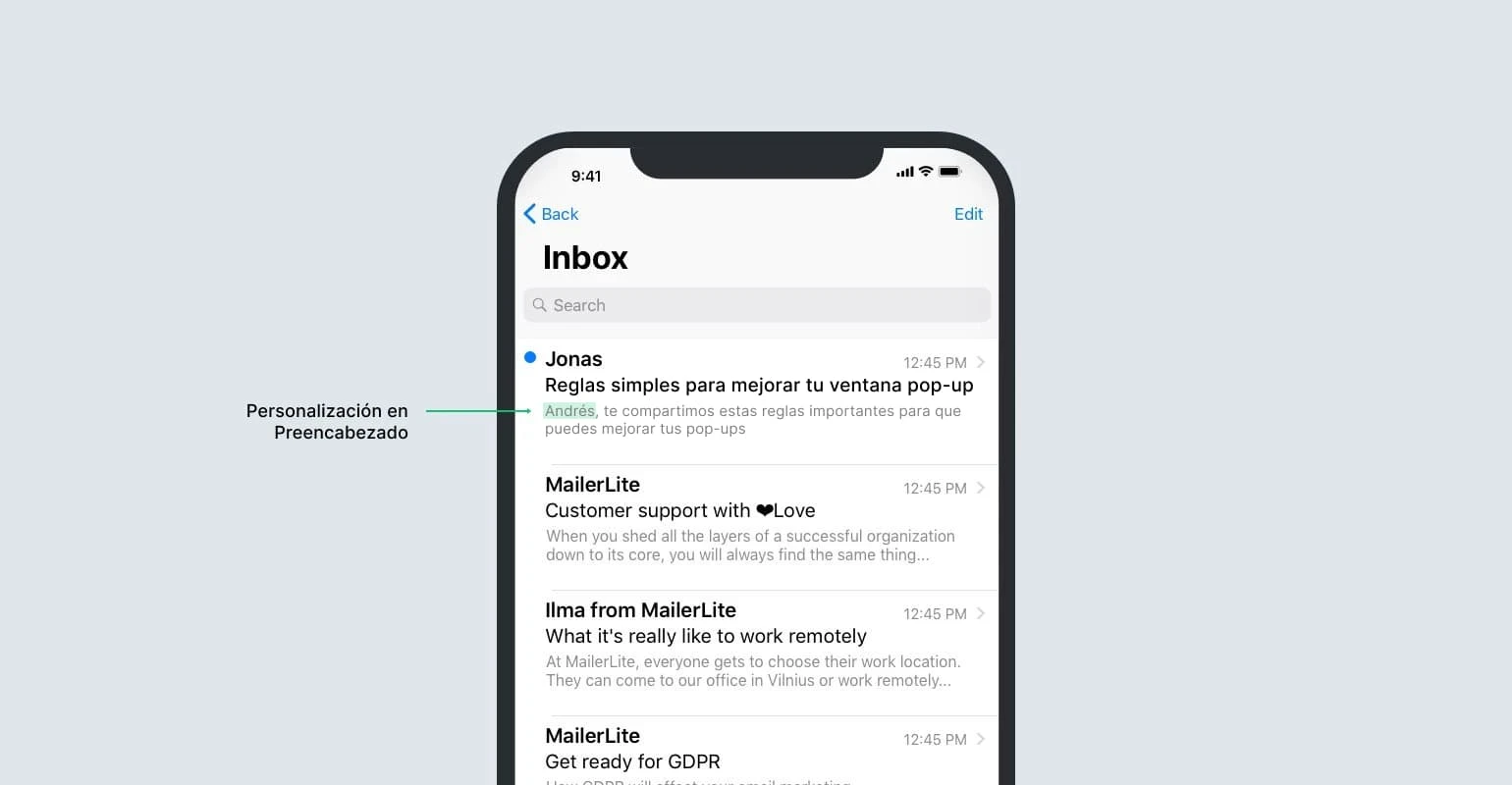 Preencabezado de correo electrónico personalizado en una bandeja de entrada de dispositivo móvil